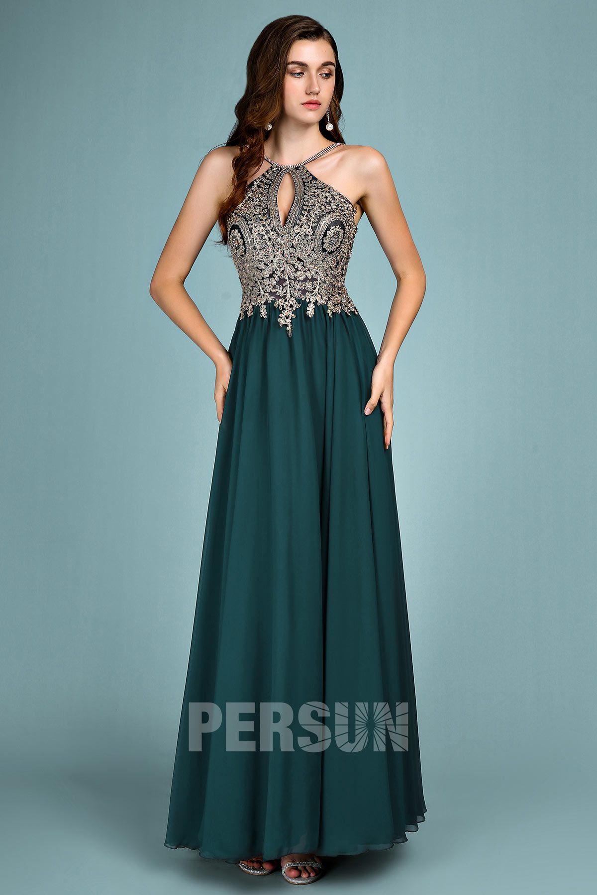 Robe de gala bleu verte en dentelle guipure ligne A