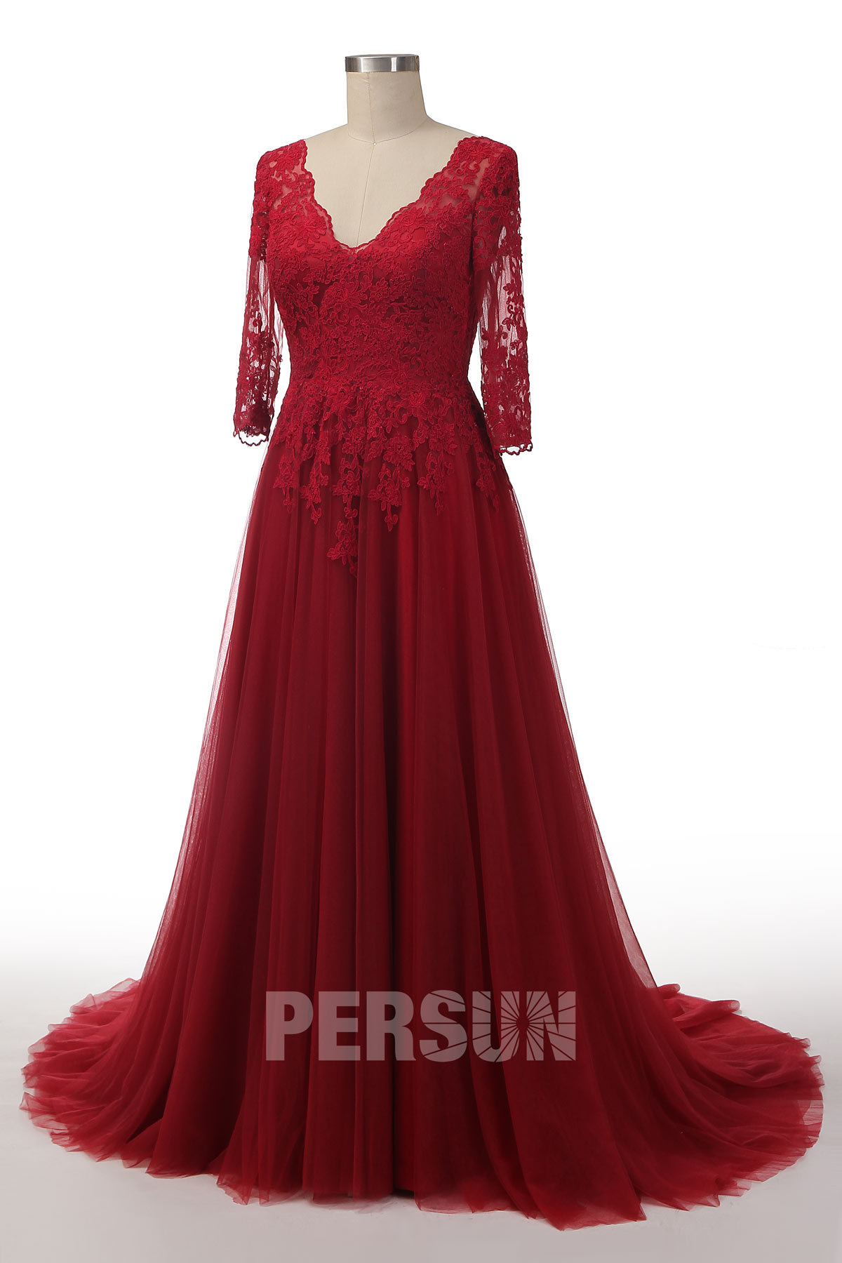 Robe mariée bohème chic col V à haut appliqué manches mi longue