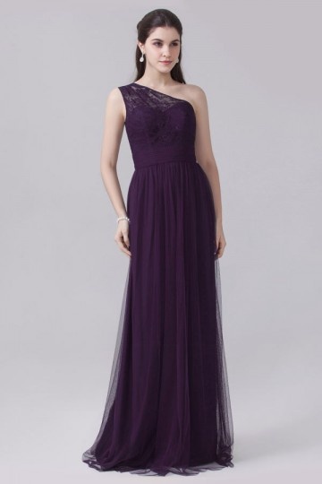 Robe de concert tulle féerique violette col asymétrique appliquée dentelle