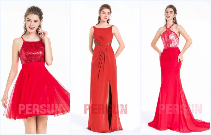 robe rouge patineuse courte, robe rouge longue de soirée ligne A et robe de gala rouge sirène