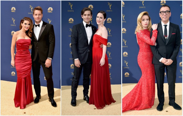 robes de célébrité rouges longues sur tapis rouge Emmys 2018