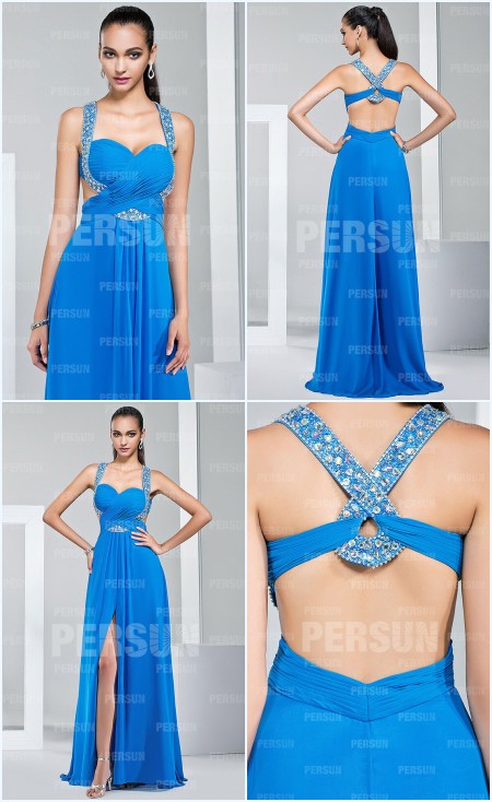 robe de bal bleu longue fendue dos découpé