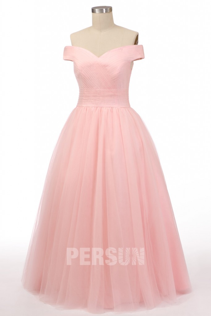 robe de soirée rose princesse épaule dénudé en tulle