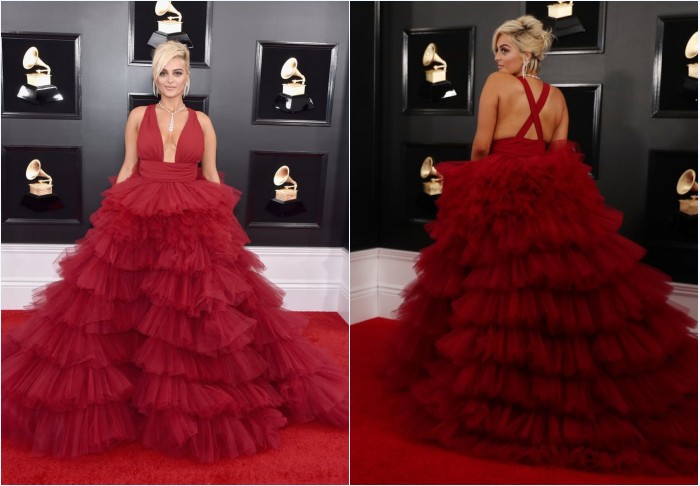 robe de soirée princesse col en V jupe à volants Bébé Rexha aux Grammys  Awards 2019