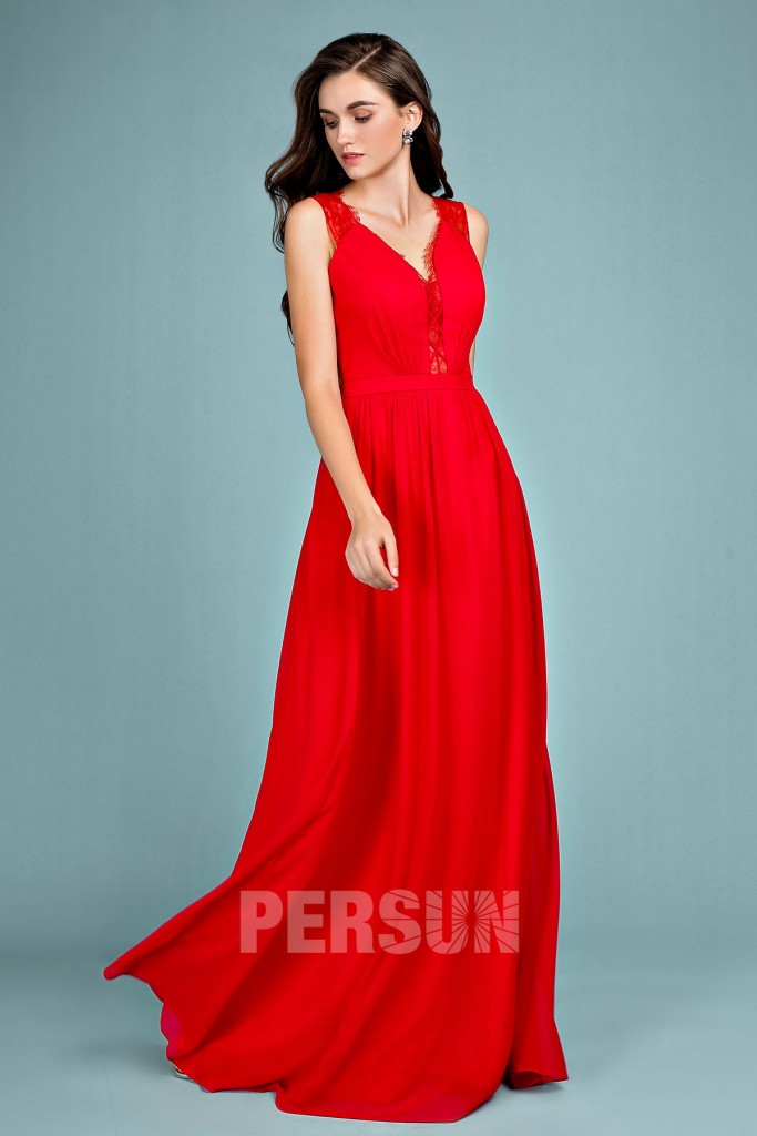 robe de soirée rouge ligne A col en V 2019