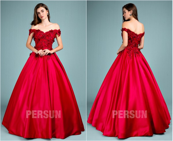 robe de quinceanera rouge princesse épaule dénudé orné de fleurs