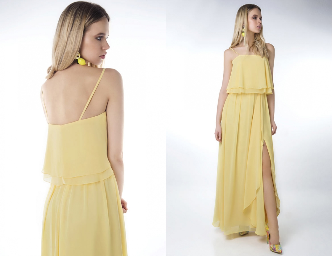 robe de cocktail longue fendue jaune simple bustier volant avec bretelles fines