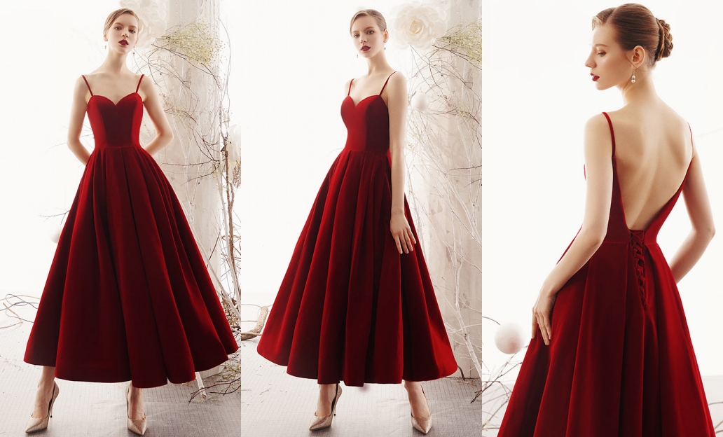 robe de soirée élégante rouge longue bustier coeur jupe ample avec bretelles spaghetti