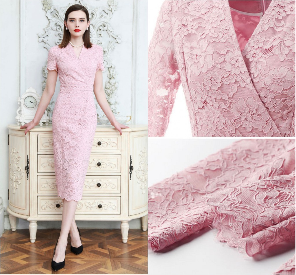 robe de cocktail mi-longue fourreau rose en dentelle cache coeur col v manche courte