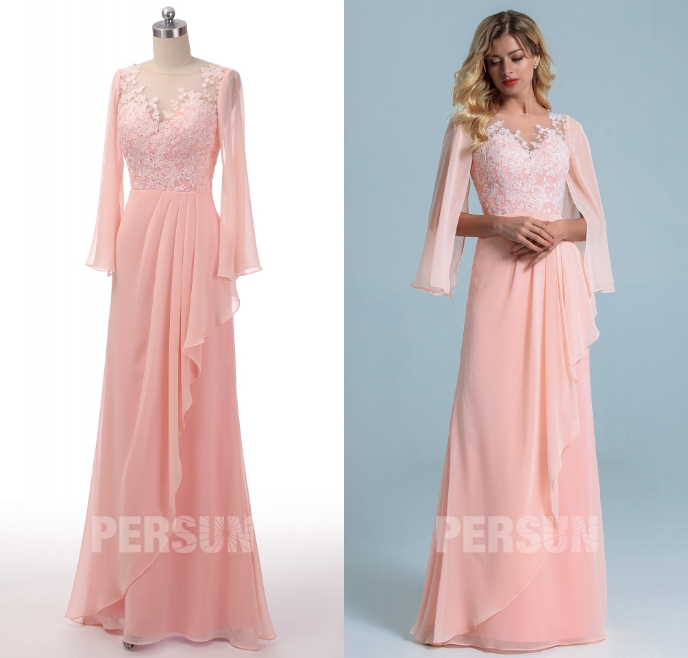 robe de soirée longue rose perle col illusion en dentelle appliquée florale avec manche cape longue