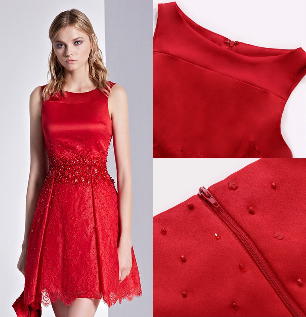 petite robe rouge élégante jupe en dentelle appliquée de cristaux