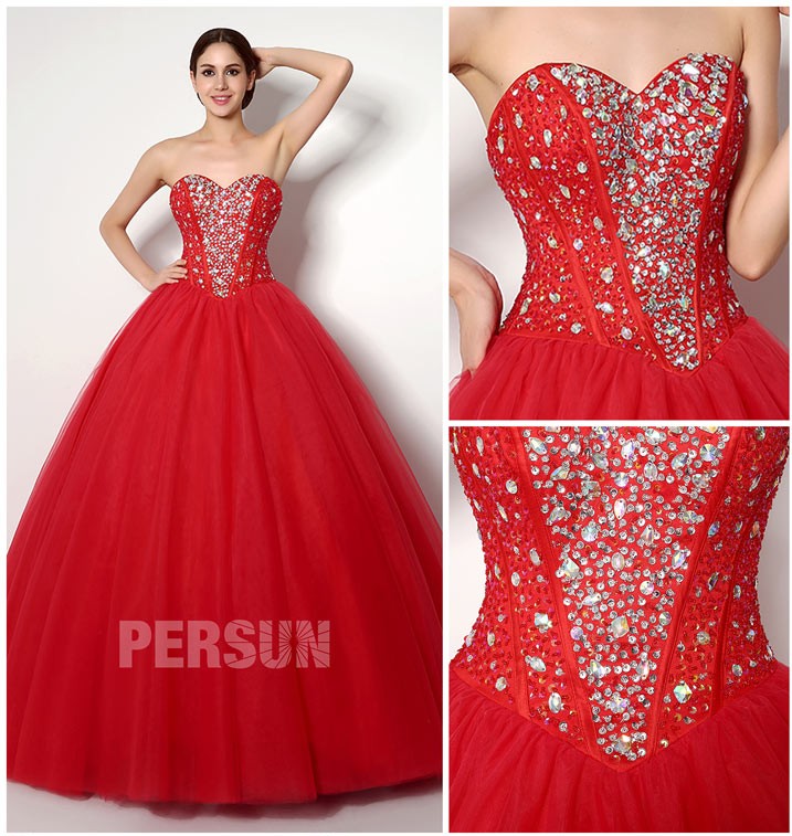 robe de soirée princesse rouge bustier coeur embelli de strass exquis