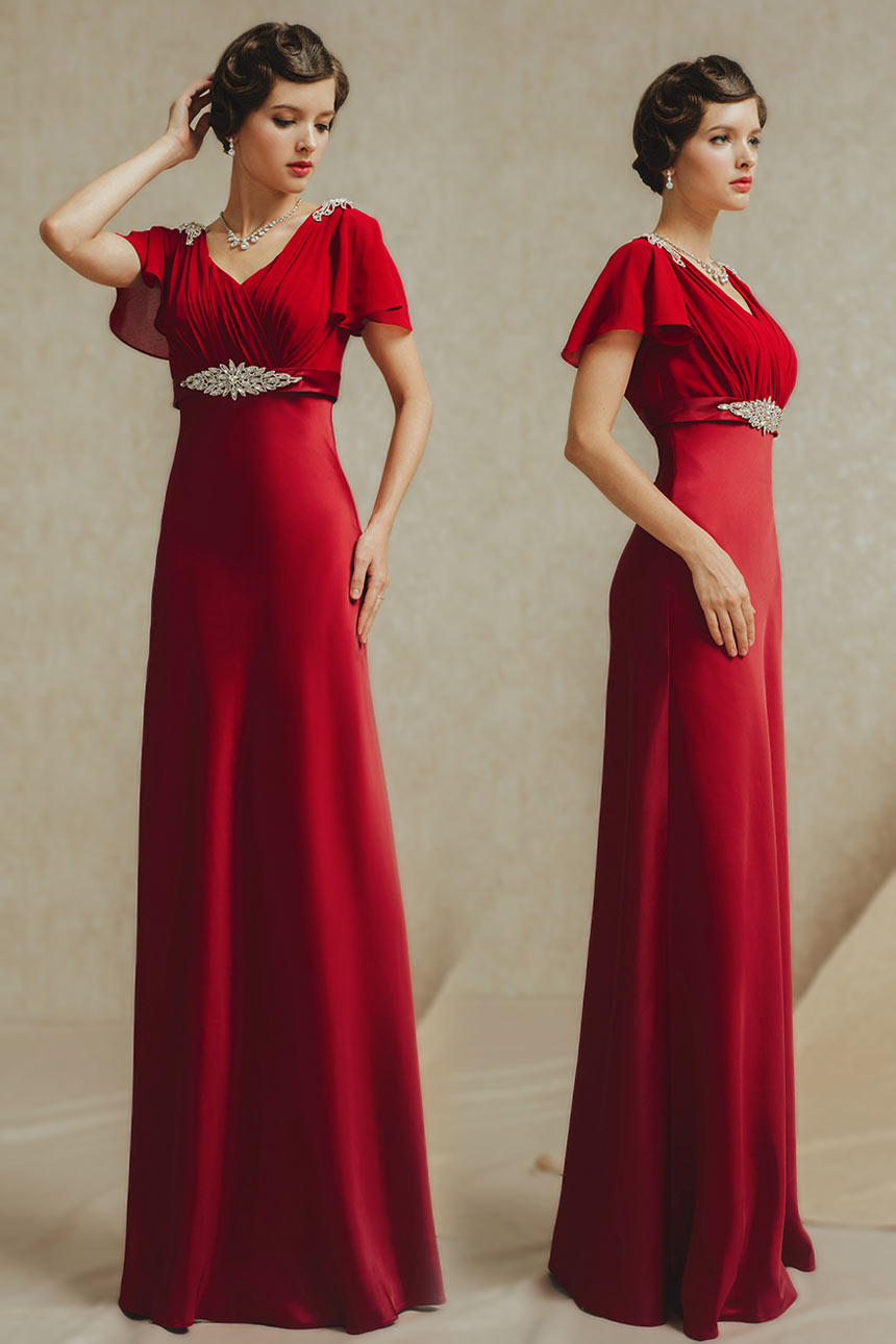 robe de soirée longue empire rouge manche courte évasée bustier plissé embelli de strass