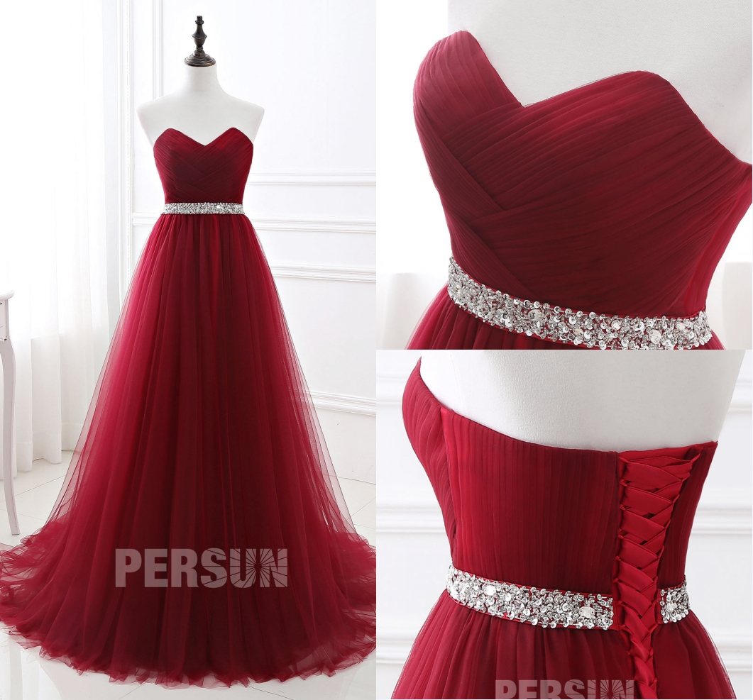 robe cérémonie bordeaux bustier coeur drapé taille embelli de sequins