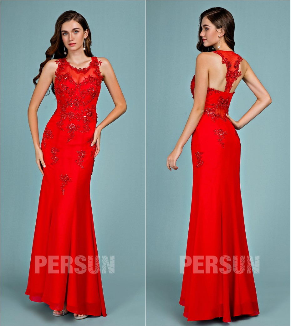 robe de soirée longue rouge col illusion en dentelle appliquée dos nu