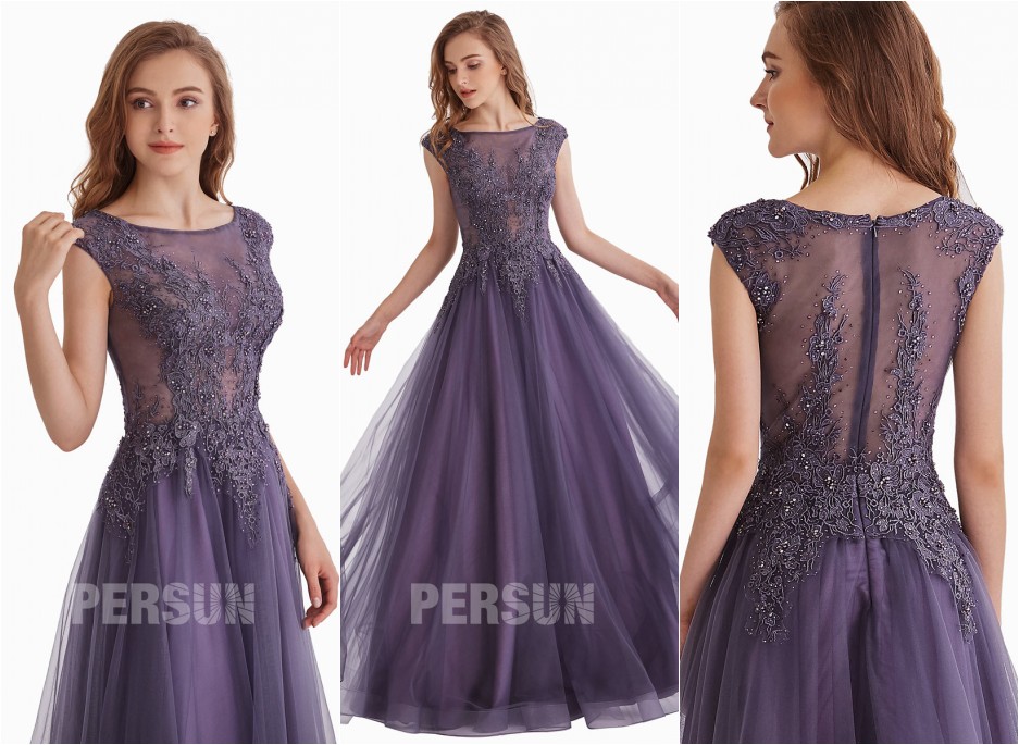 robe de soirée violette longue col illusion en dentelle appliquée florale