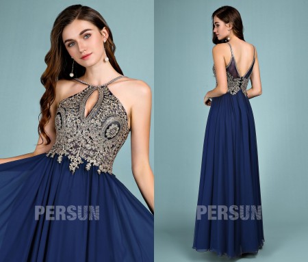 Robe de bal bleue décolleté ajouré en encolure américaine 