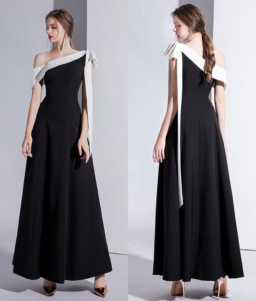 Robe de soirée longue noire & blanche asymétrique