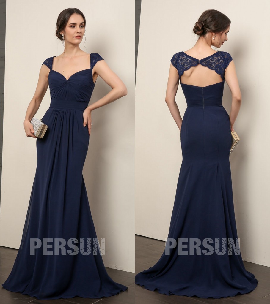 Robe longue soirée élégante décolletée V bleu nuit à mancheron