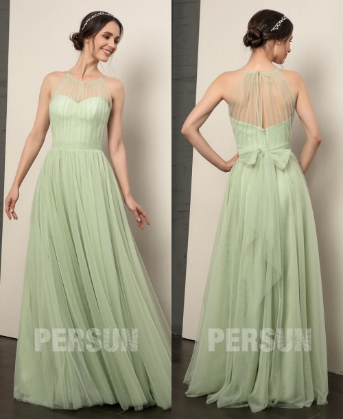 Robe longue verte en tulle encolure convertible ligne A