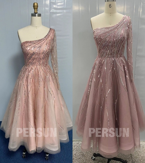 Robe de cocktail rose midi à paillettes