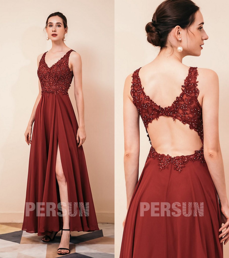 Robe soirée longue col en V à jupe fendue bustier incrusté de paillettes