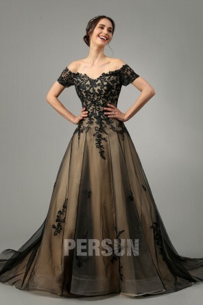 Robe de bal princesse noir & champagne col bardot appliquée de dentelle guipure