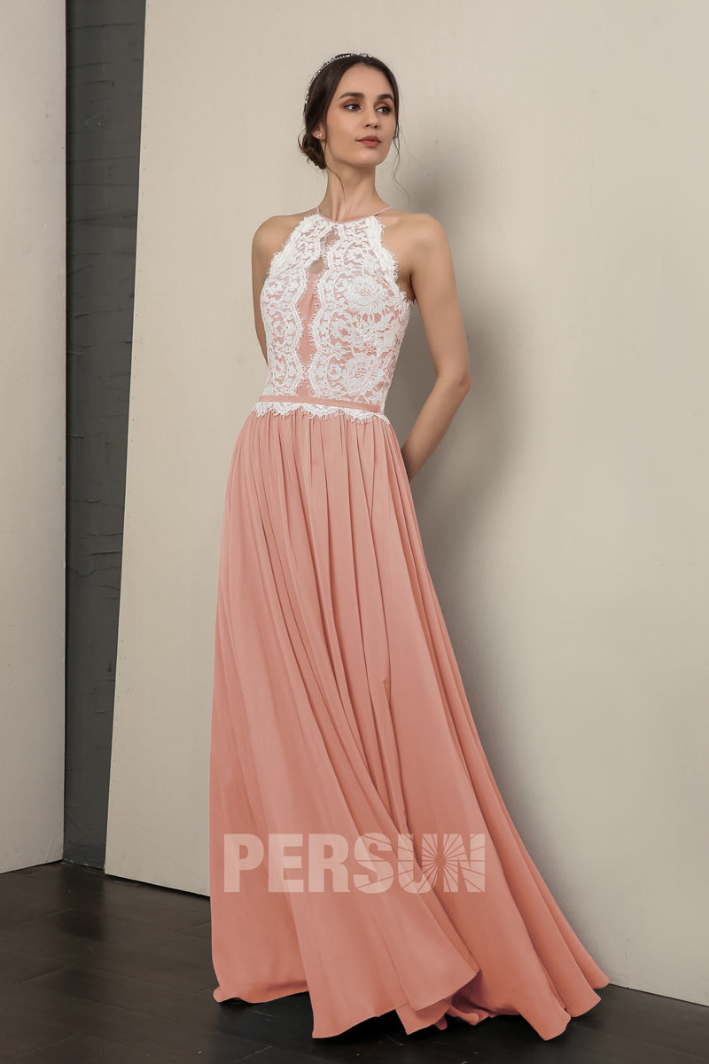 Robe longue de soirée rose encolure halter