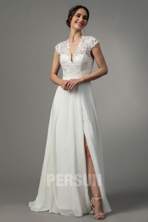 Robe longue de soirée blanche fendue col en V haut dentelle dos nu