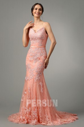 Robe soirée sirène rose col en V en dentelle