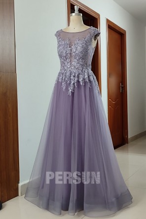 Robe de soirée longue violette haut illusion appliquée de guipure & strass