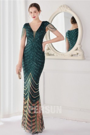 Robe de soirée sirène verte décolleté V plongeant avec mancherons à franges