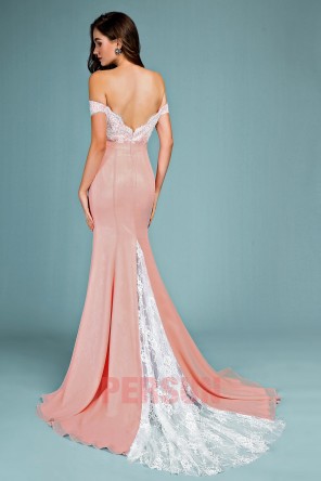 Robe de gala vieux rose sirène épaule dénudé haut en dentelle guipure