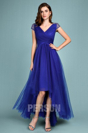 Robe de bal bleu roi style bascule col en V mancheron orné de strass