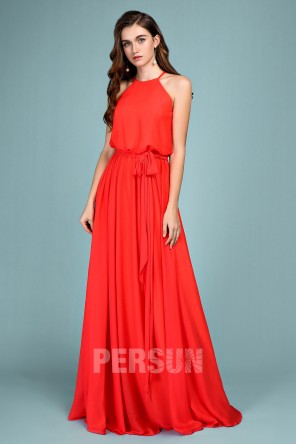 Robe corail mariage longue simple avec ceinture