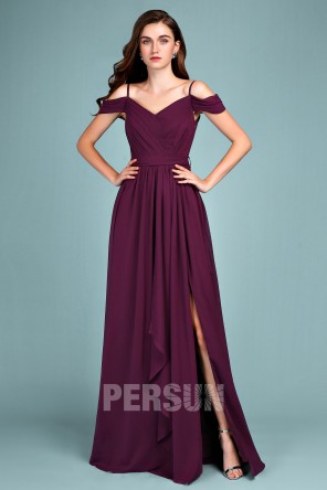 Robe demoiselle d'honneur prune longue fendue épaule nu avec bretelle fine