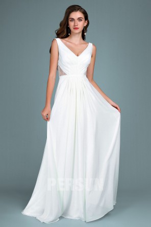 Robe soirée blanche col en V côte embellie de dentelle florale