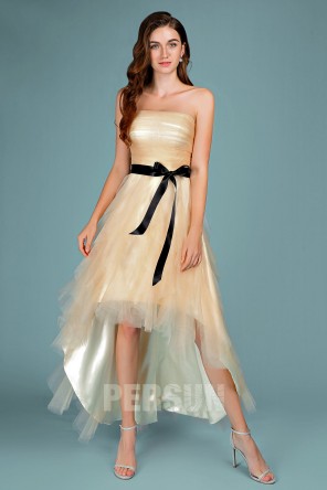 Robe de soirée champagne courte devant longue derrière jupe cascade