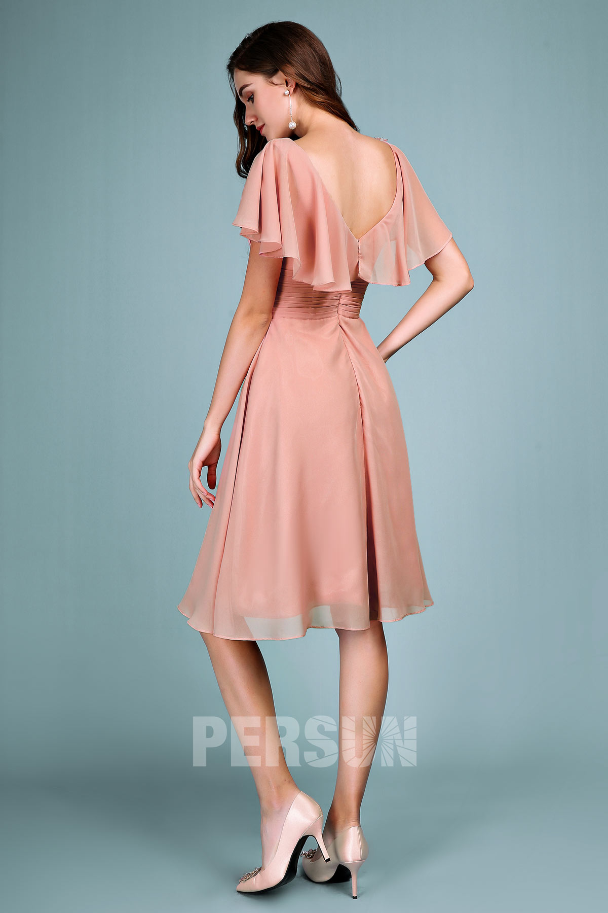 Robe cocktail mariage rose carnation courte pas cher avec cape