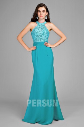 Robe bleu turquoise sirène pour soirée de mariage haut & traîne en dentelle