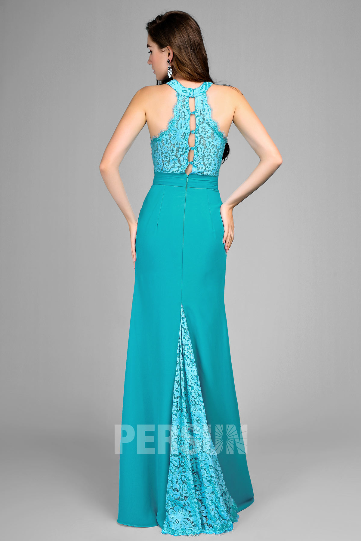 Robe bleu turquoise sirène pour soirée de mariage haut & traîne en dentelle