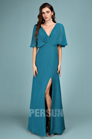 Robe de soirée longue pas cher verte pin fendue pour mariage avec manche chauve-souris