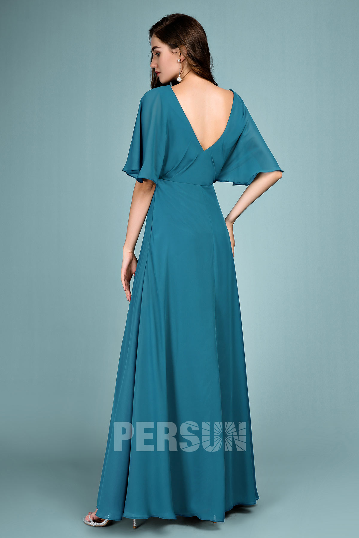 Robe de soirée longue pas cher verte pin fendue pour mariage avec manche chauve-souris
