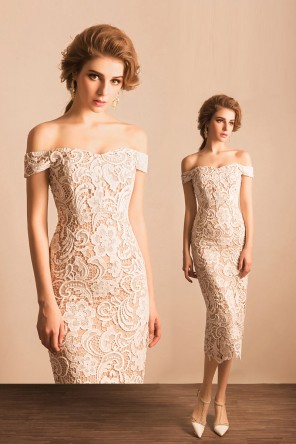 Robe cocktail mariage fourreau col bardot en dentelle