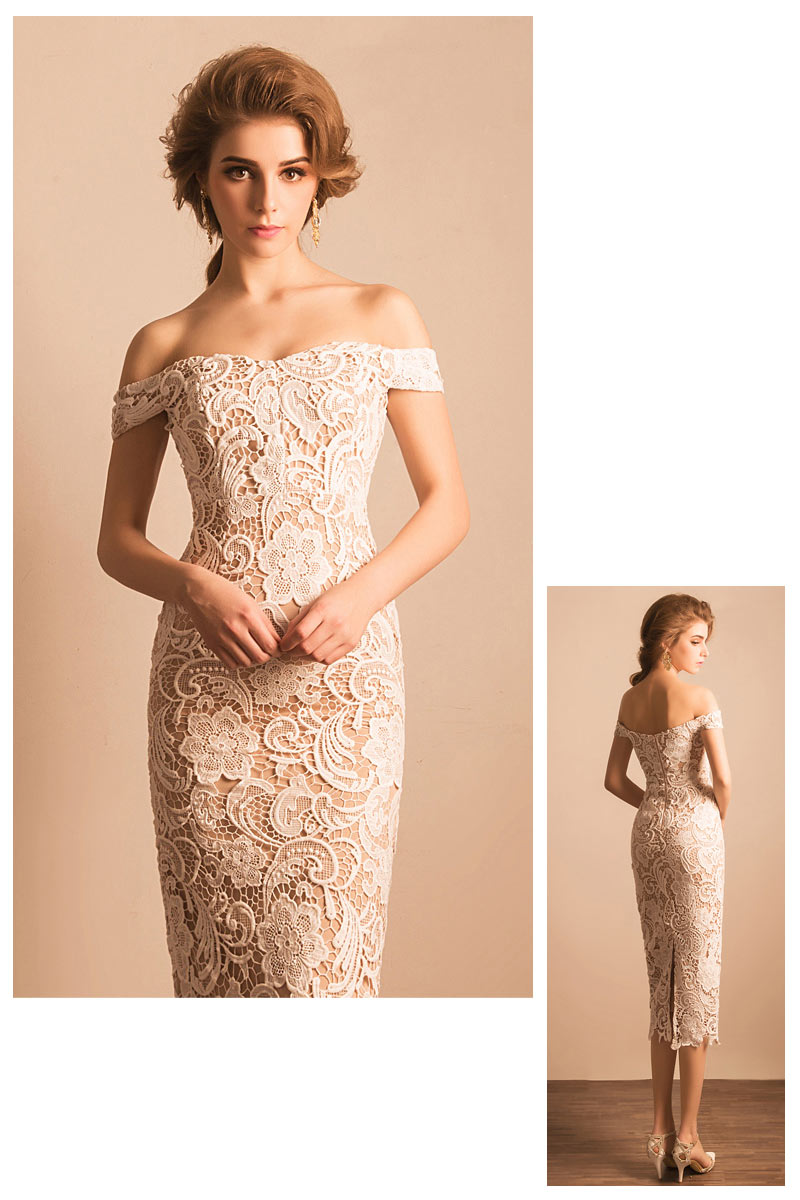 Robe cocktail mariage fourreau col bardot en dentelle