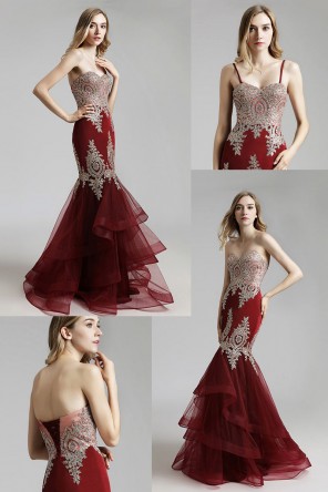 Robe de soirée bordeaux sirène avec appliques dorées