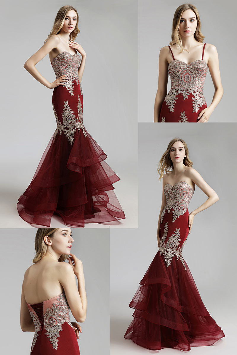 Robe de soirée bordeaux sirène avec appliques dorées