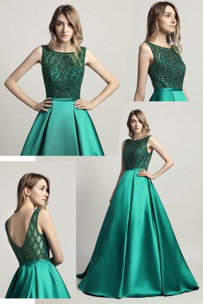 Robe de gala verte haut brillant ligne A dos échancré en V