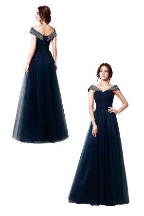 Robe bleu marine épaule dénudé orné de strass pour fête d'anniversaire