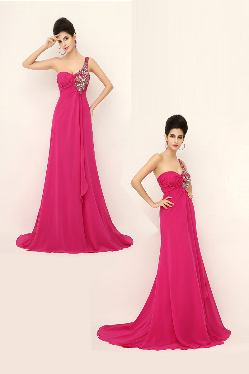 robe de soirée fuchsia longue asymétrique empire embelli de strass